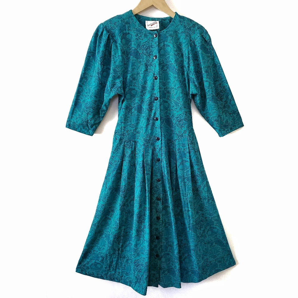 Vintage 80's Britland Floral Turquoise Blue Midi Dress